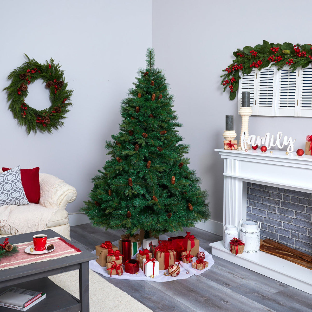 6 ft Nearly Natural West Virginia pine Christmas tree with 300 LEDs and pine cones on Tampa Home & Garden Store
