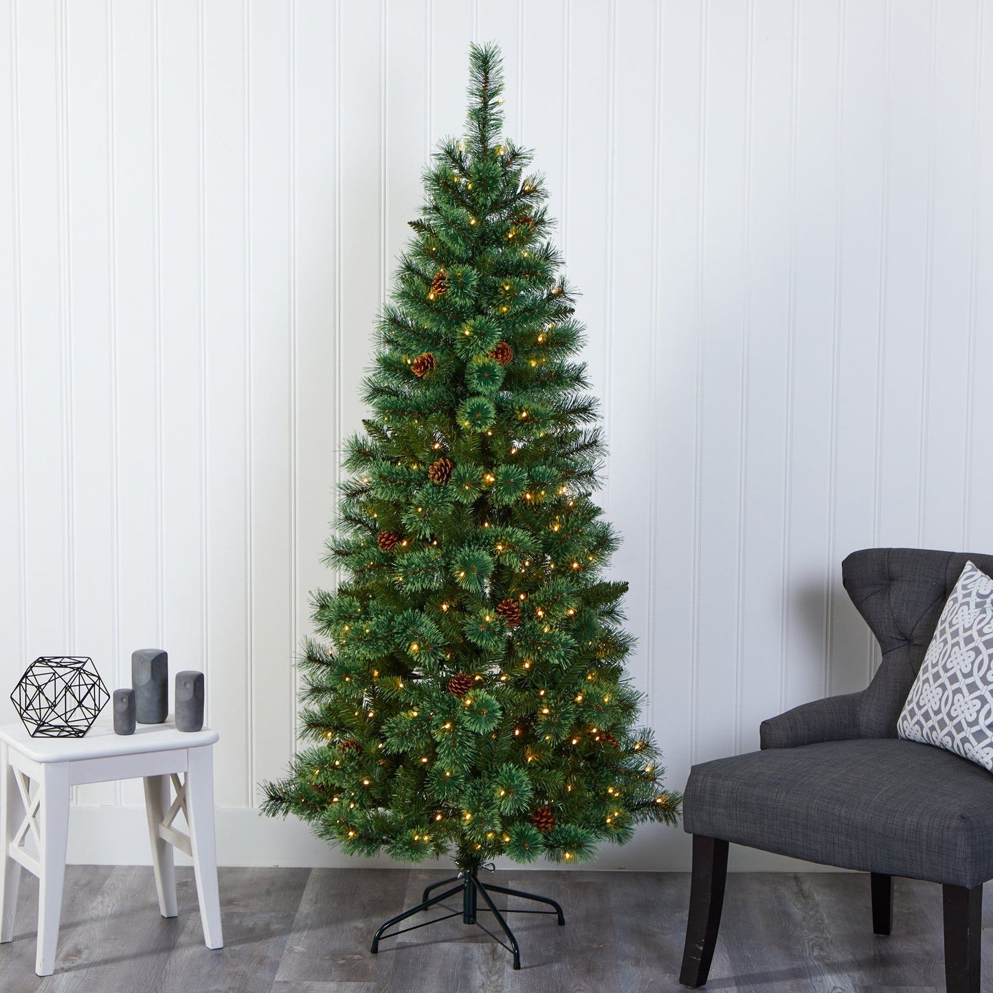 6ft Nearly Natural White Mountain Pine artificial Christmas tree with 300 LEDs and pine cones on Tampa Home & Garden Store