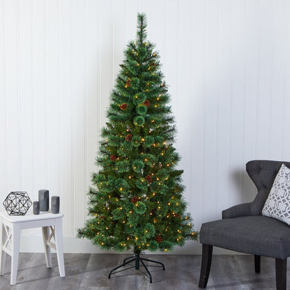 6ft Nearly Natural White Mountain Pine artificial Christmas tree with 300 LEDs and pine cones on Tampa Home & Garden Store
