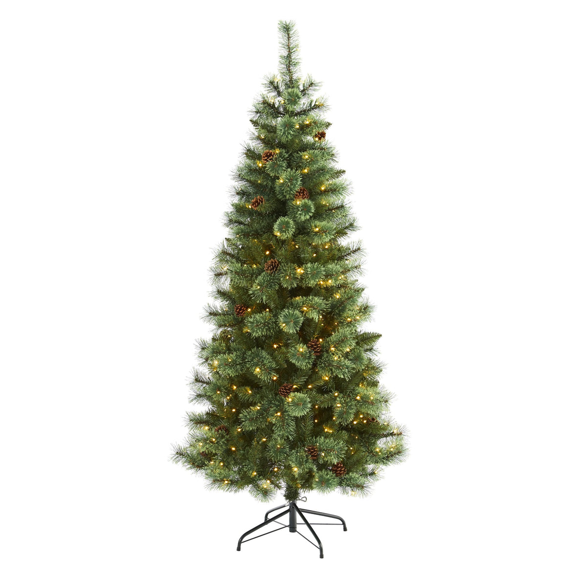 Christmas Tree Nearly Natural 6’ White Mountain Pine artificial with 300 LED lights and pine cones on Tampa Home & Garden Store