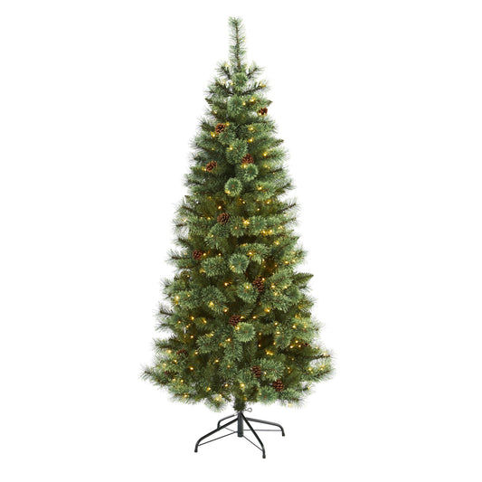 Christmas Tree Nearly Natural 6’ White Mountain Pine artificial with 300 LED lights and pine cones on Tampa Home & Garden Store