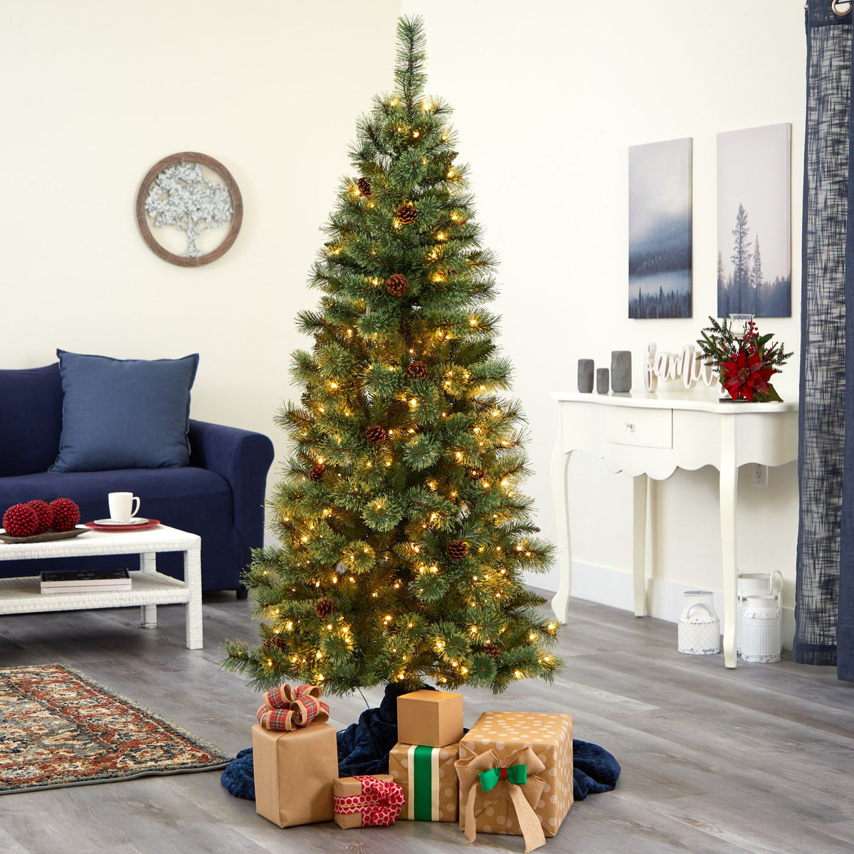 Christmas Tree Nearly Natural 6 ft White Mountain Pine with 300 LED lights and pine cones on Tampa Home & Garden Store