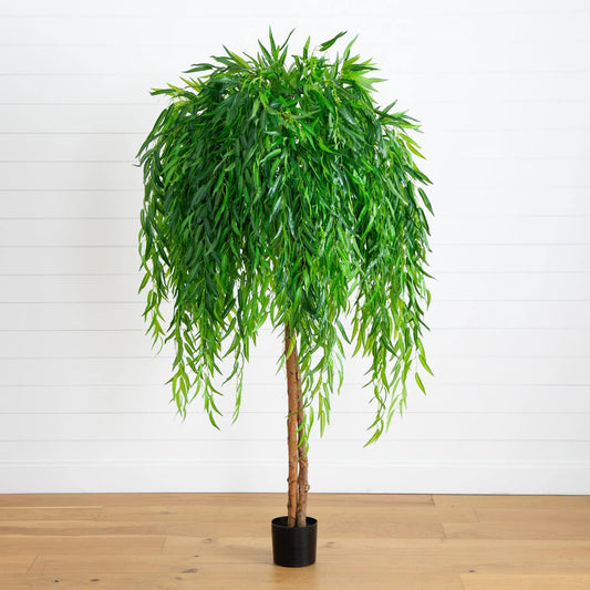 6 ft Nearly Natural Willow Artificial Tree Real Touch with green leaves in black pot on Tampa Home & Garden Store