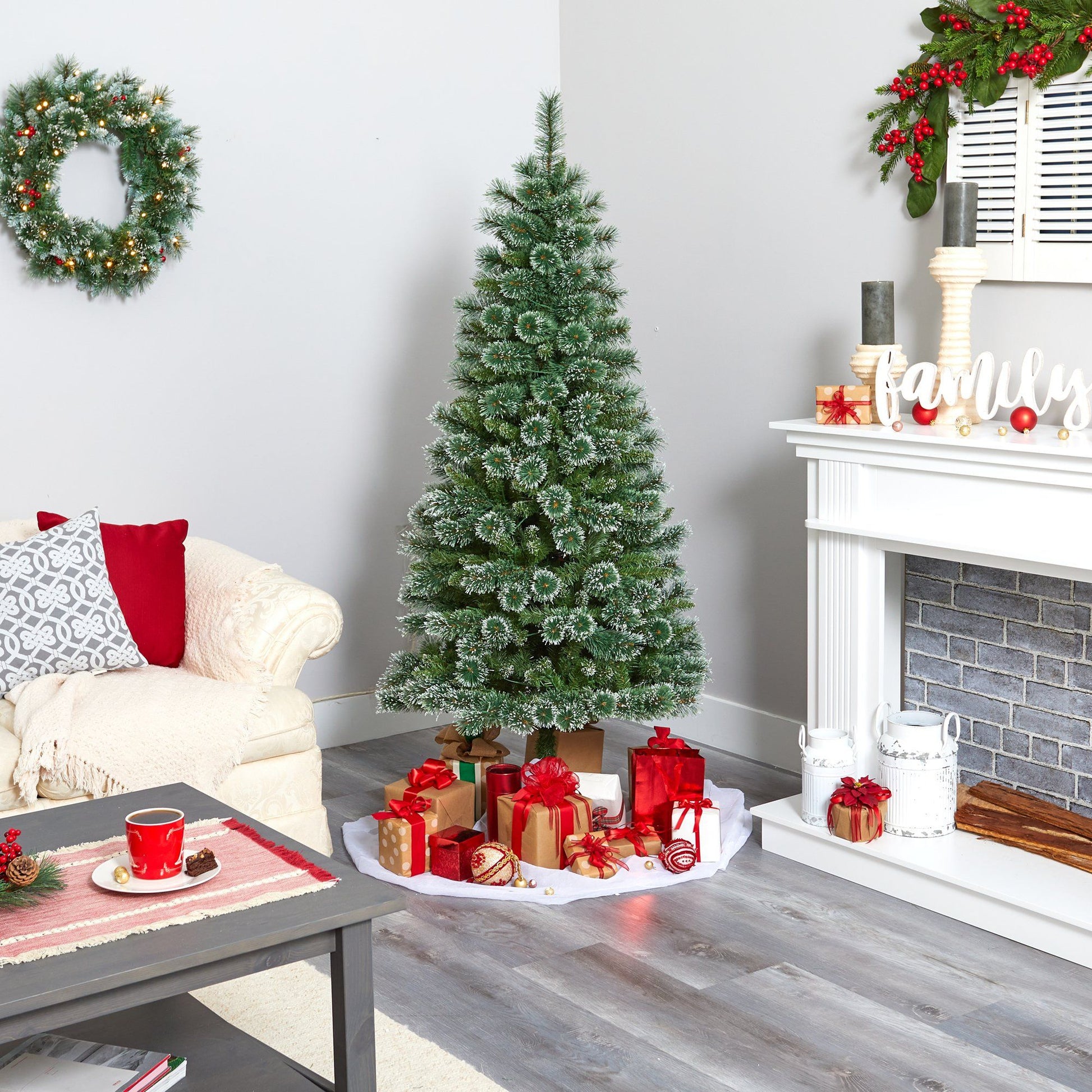 6 ft Wisconsin Slim Snow Tip Pine Christmas Tree with 300 clear LED lights by Nearly Natural on Tampa Home & Garden Store