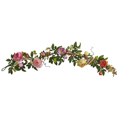 60'' Mixed Peony & Berry Garland by Nearly Natural with pink peonies, berries, and greenery on Tampa Home & Garden Store