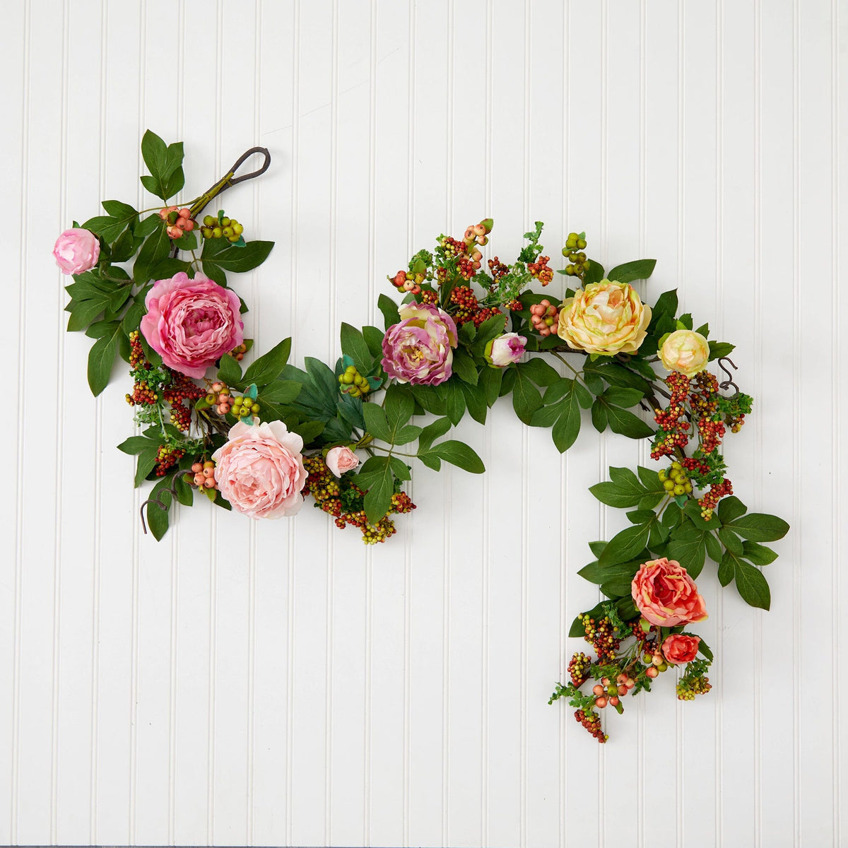 60'' Mixed Peony & Berry Garland by Nearly Natural with pink blooms and berry clusters on Tampa Home & Garden Store