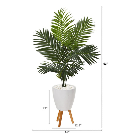 61in Paradise Palm artificial tree in white planter with wood tripod stand and white pebbles on Tampa Home & Garden Store