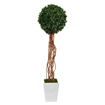 Hiedra Inglesa Artificial de 62” con Forma de Bola en Maceta de Metal Blanca (Para Interior/Exterior)