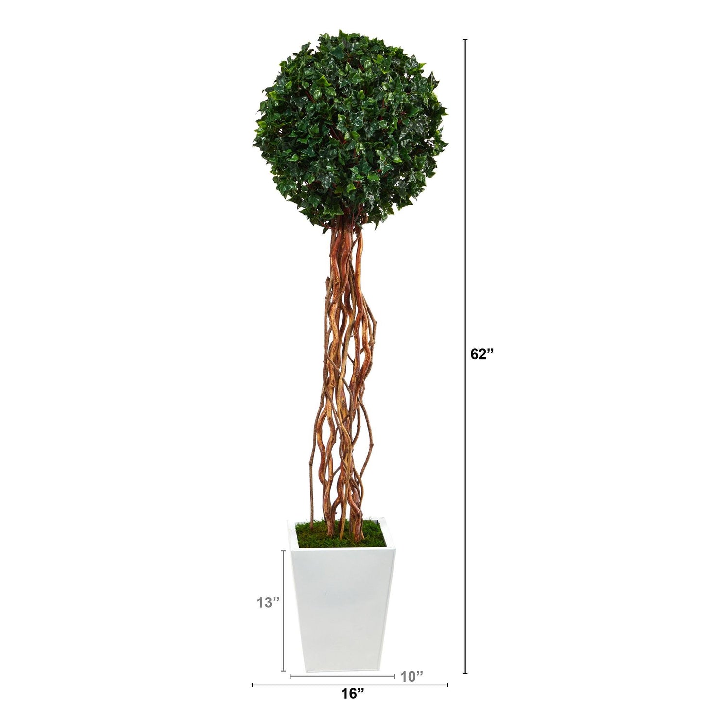 Hiedra Inglesa Artificial de 62” con Forma de Bola en Maceta de Metal Blanca (Para Interior/Exterior)