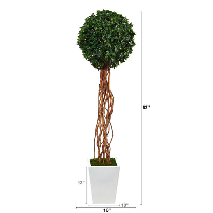 Hiedra Inglesa Artificial de 62” con Forma de Bola en Maceta de Metal Blanca (Para Interior/Exterior)