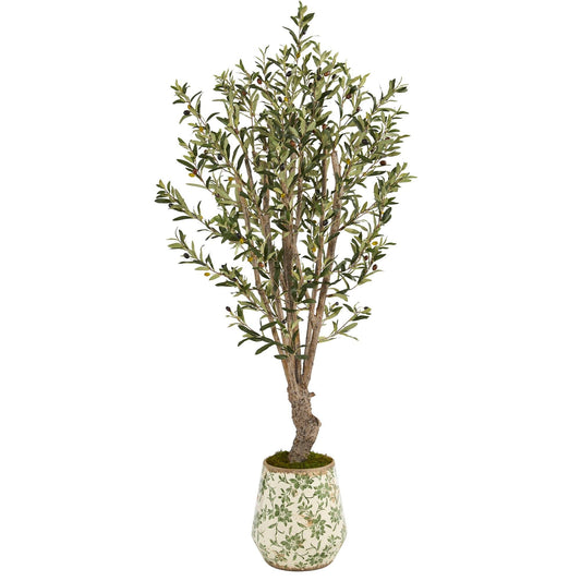 62” Olive Artificial Tree in Floral Print Planter - Tampa Home & Garden Store