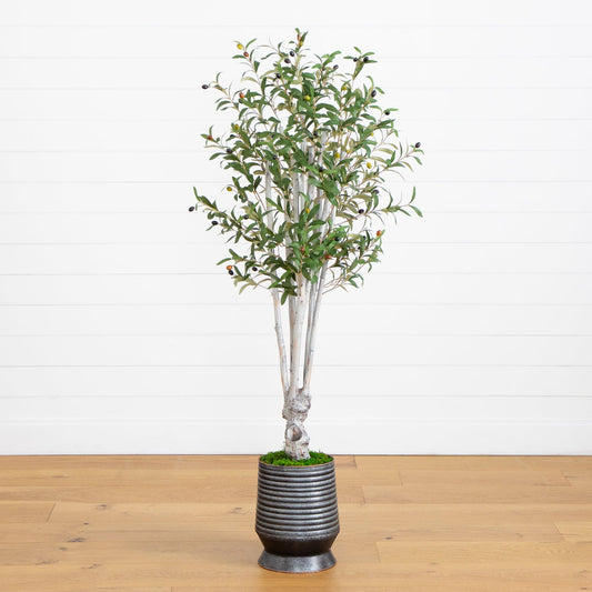 62” Olive Artificial Tree in Ribbed Metal Planter - Tampa Home & Garden Store