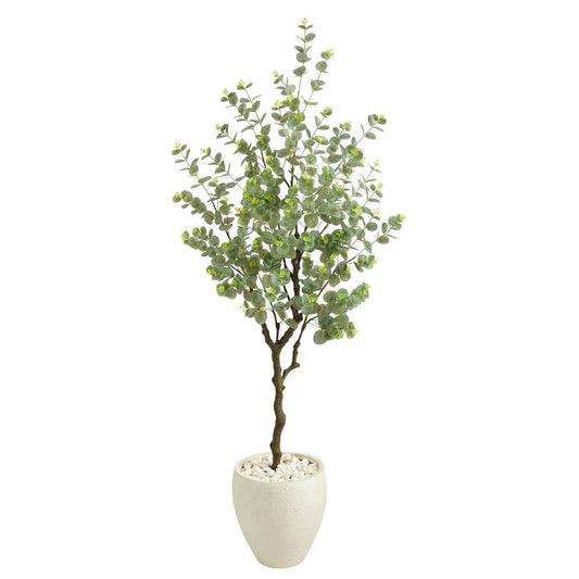 63” Eucalyptus Artificial Tree in White Planter - Tampa Home & Garden Store