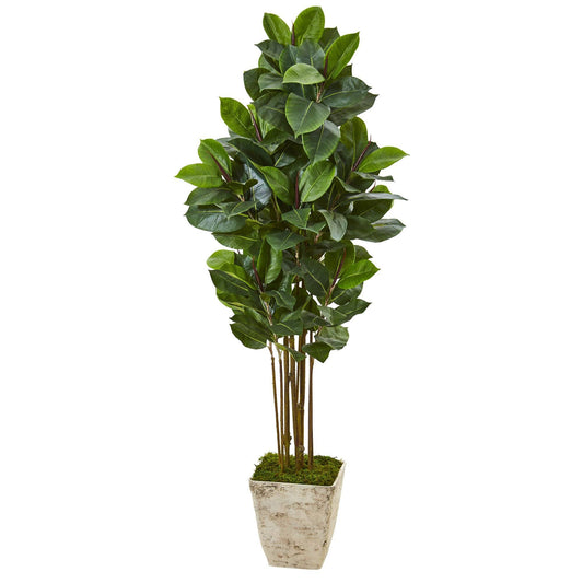 63” Rubber Leaf Artificial Tree in Country White Planter Nearly Natural with dark-green leaves on Tampa Home & Garden Store