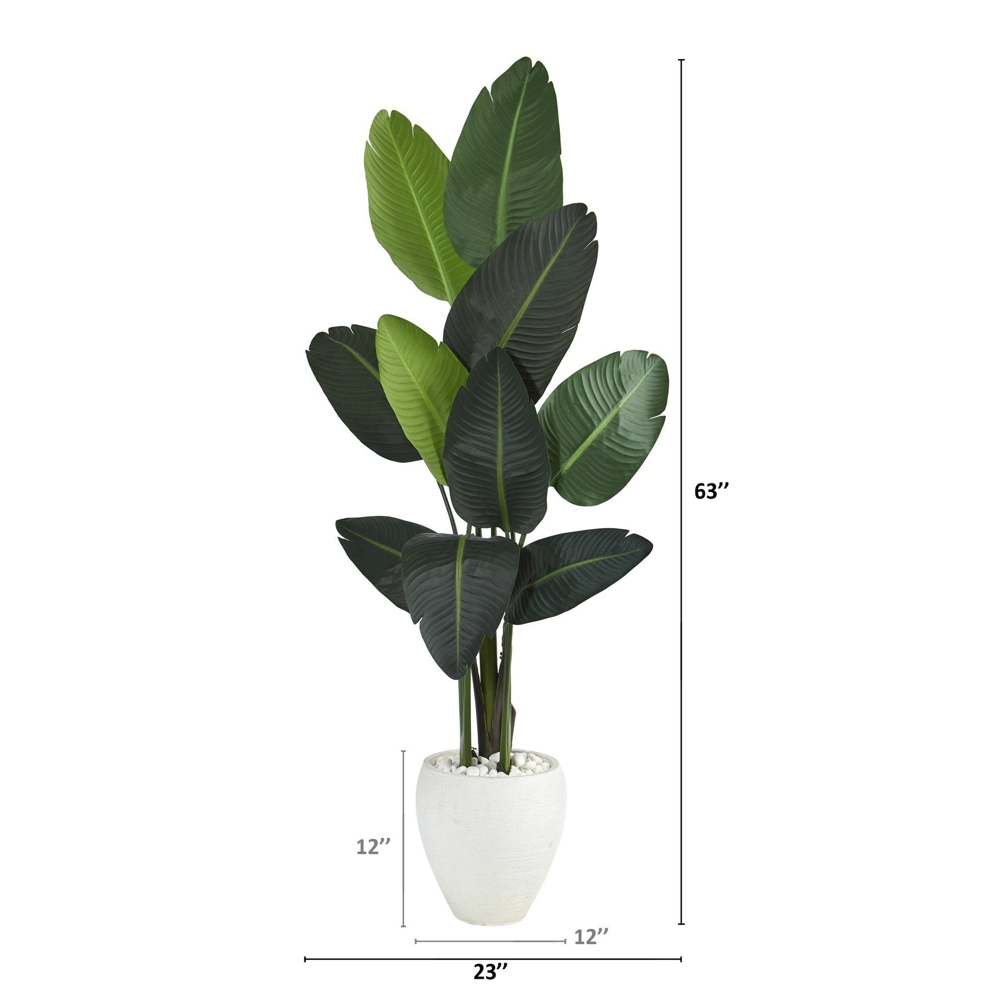 63” Traveler's Palm artificial tree in white planter with white rocks, Nearly Natural brand on Tampa Home & Garden Store
