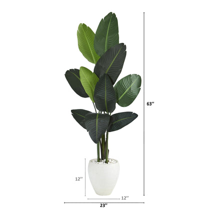 63” Traveler's Palm artificial tree in white planter with white rocks, Nearly Natural brand on Tampa Home & Garden Store