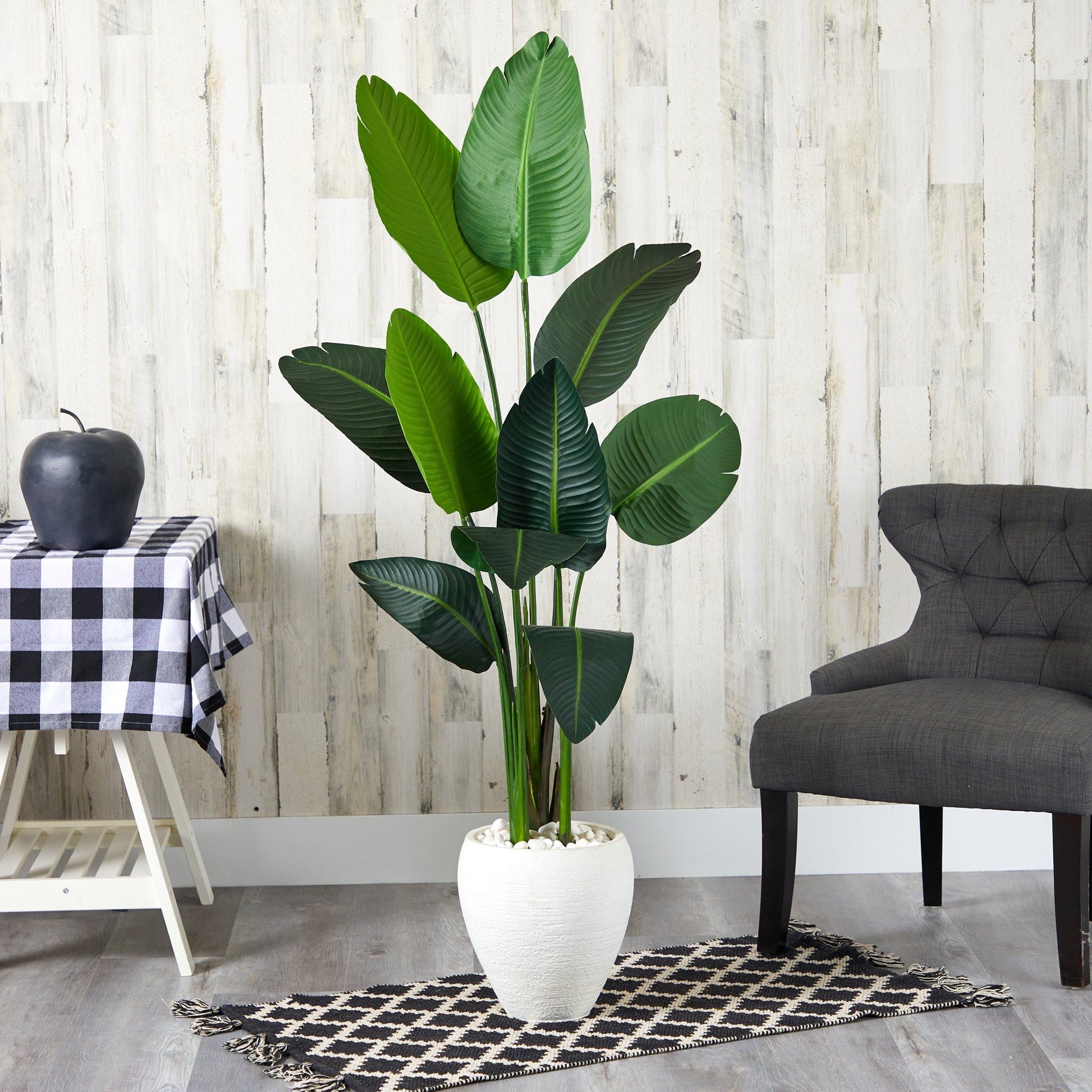63” Traveler's Palm artificial tree in white planter with tall green leaves Nearly Natural on Tampa Home & Garden Store