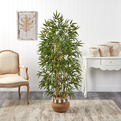 64” Bamboo Tree with Natural Bamboo Trunks in Boho Chic Handmade Natural Planter with Tassels