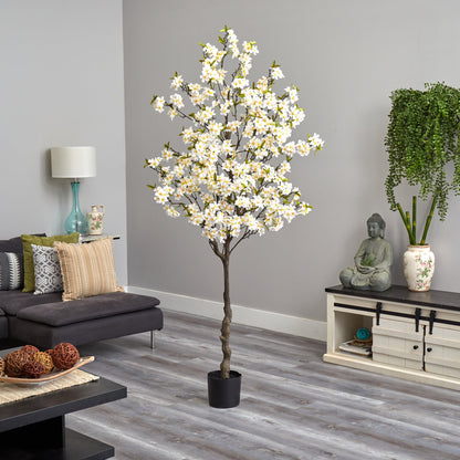 6.5’ Apple Flower Artificial Tree with white blossoms and yellow centers in a black pot on Tampa Home & Garden Store