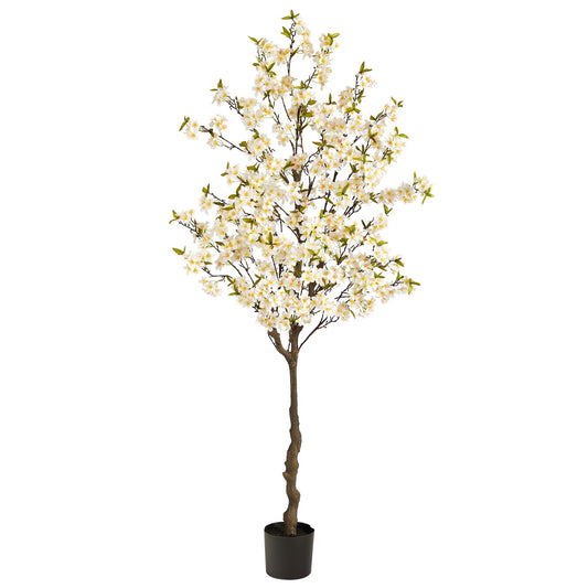 6.5 ft Apple Flower Artificial Tree with white blossoms, brown trunk pot by Nearly Natural on Tampa Home & Garden Store