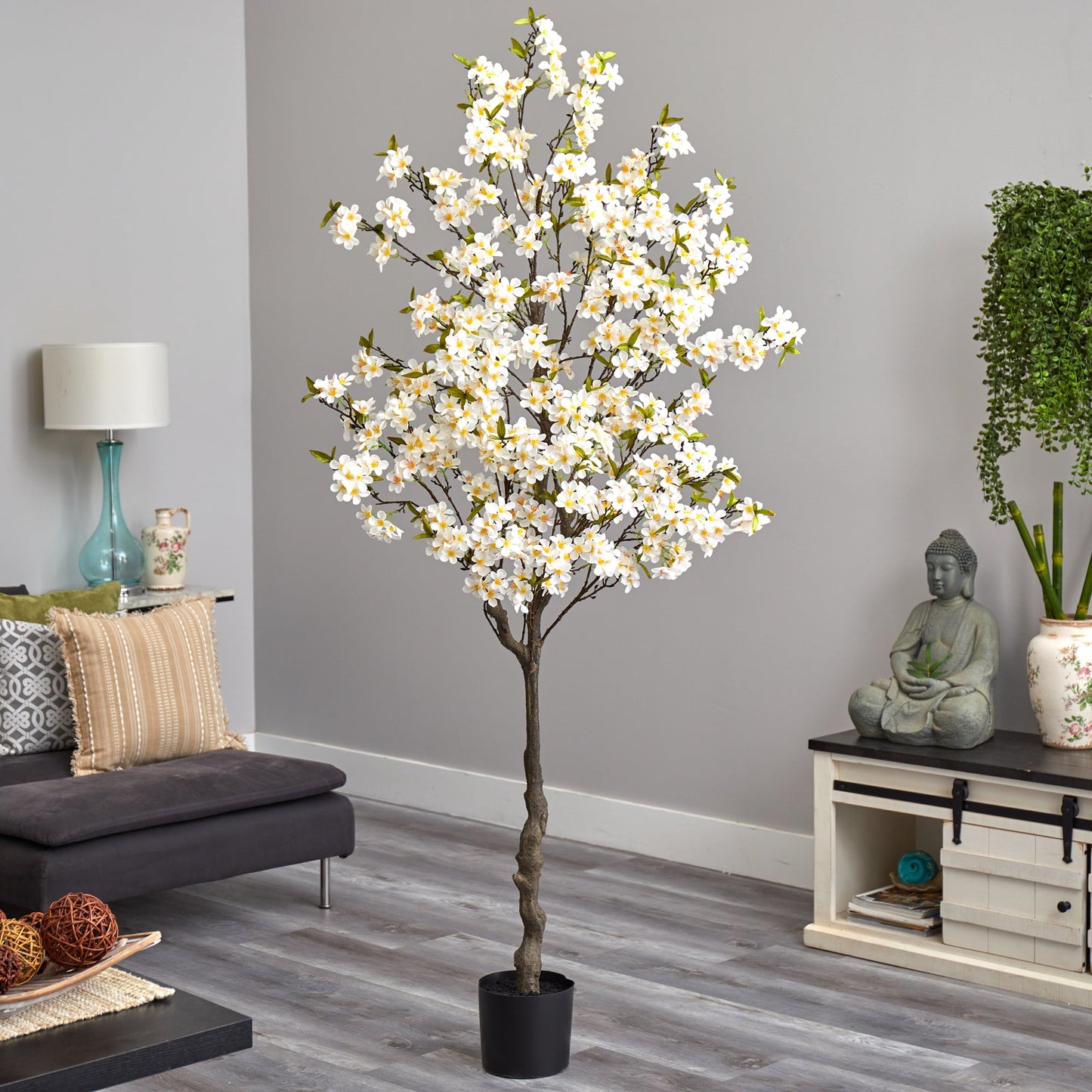 6.5’ Apple Flower Artificial Tree by Nearly Natural in a black pot with white blossoms on Tampa Home & Garden Store