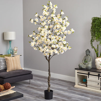 6.5’ Apple Flower Artificial Tree by Nearly Natural in a black pot with white blossoms on Tampa Home & Garden Store