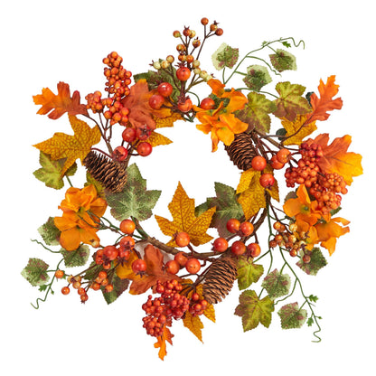 Wreath Nearly Natural autumn hydrangea and pinecones with orange berries and fall leaves on Tampa Home & Garden Store