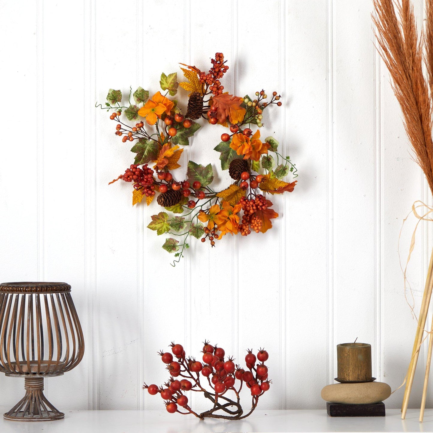 Wreath Nearly Natural 6.5 inch Autumn Hydrangea and Pinecones, set of 2 with orange blooms, leaves, and berries on Tampa Home & Garden Store