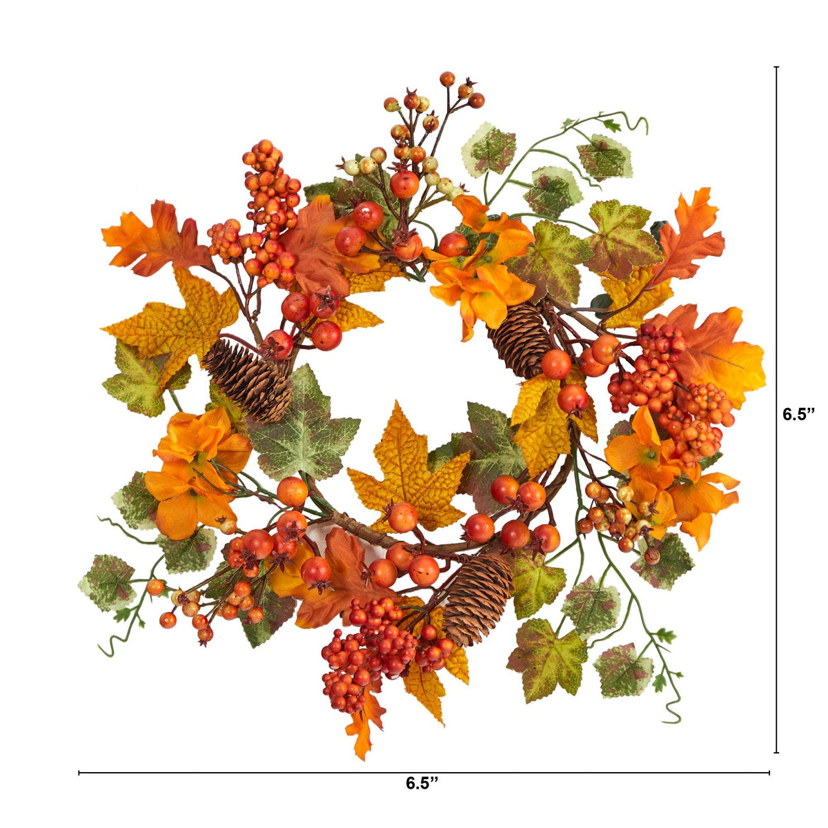 Wreath Nearly Natural 6.5in Autumn Hydrangea and Pinecones set of 2 with leaves and berries on Tampa Home & Garden Store