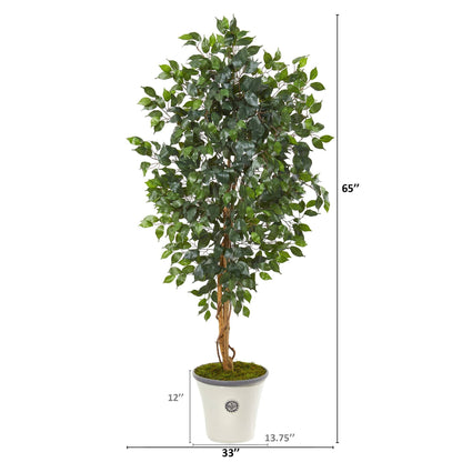 65in Ficus artificial tree by Nearly Natural with lush green leaves in decorative white planter on Tampa Home & Garden Store