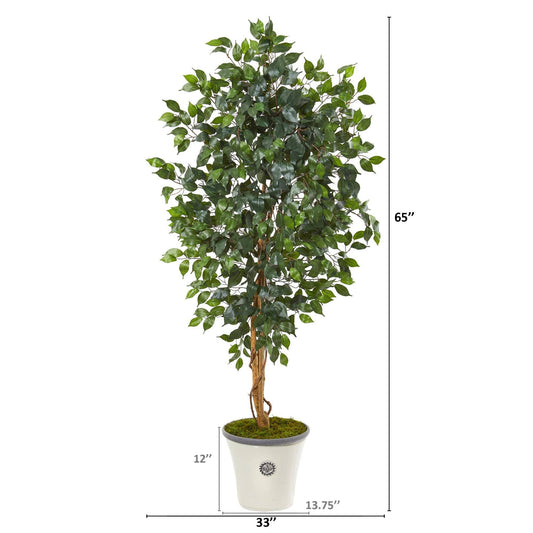65in Ficus artificial tree by Nearly Natural with lush green leaves in decorative white planter on Tampa Home & Garden Store