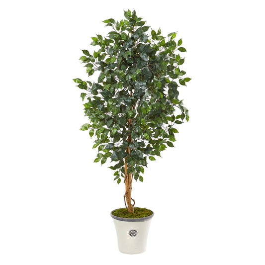65in ficus artificial tree by Nearly Natural in white decorative planter with moss on Tampa Home & Garden Store