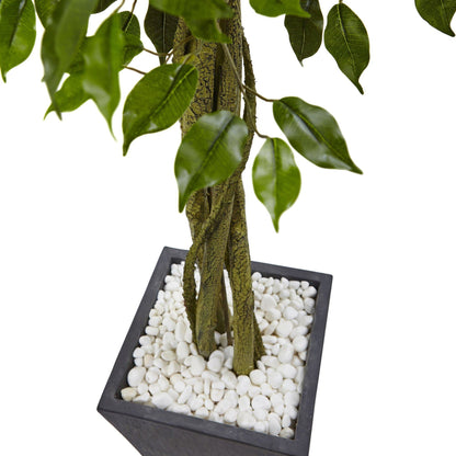 6' Nearly Natural ficus tree in slate planter with white pebbles, UV resistant indoor/outdoor on Tampa Home & Garden Store