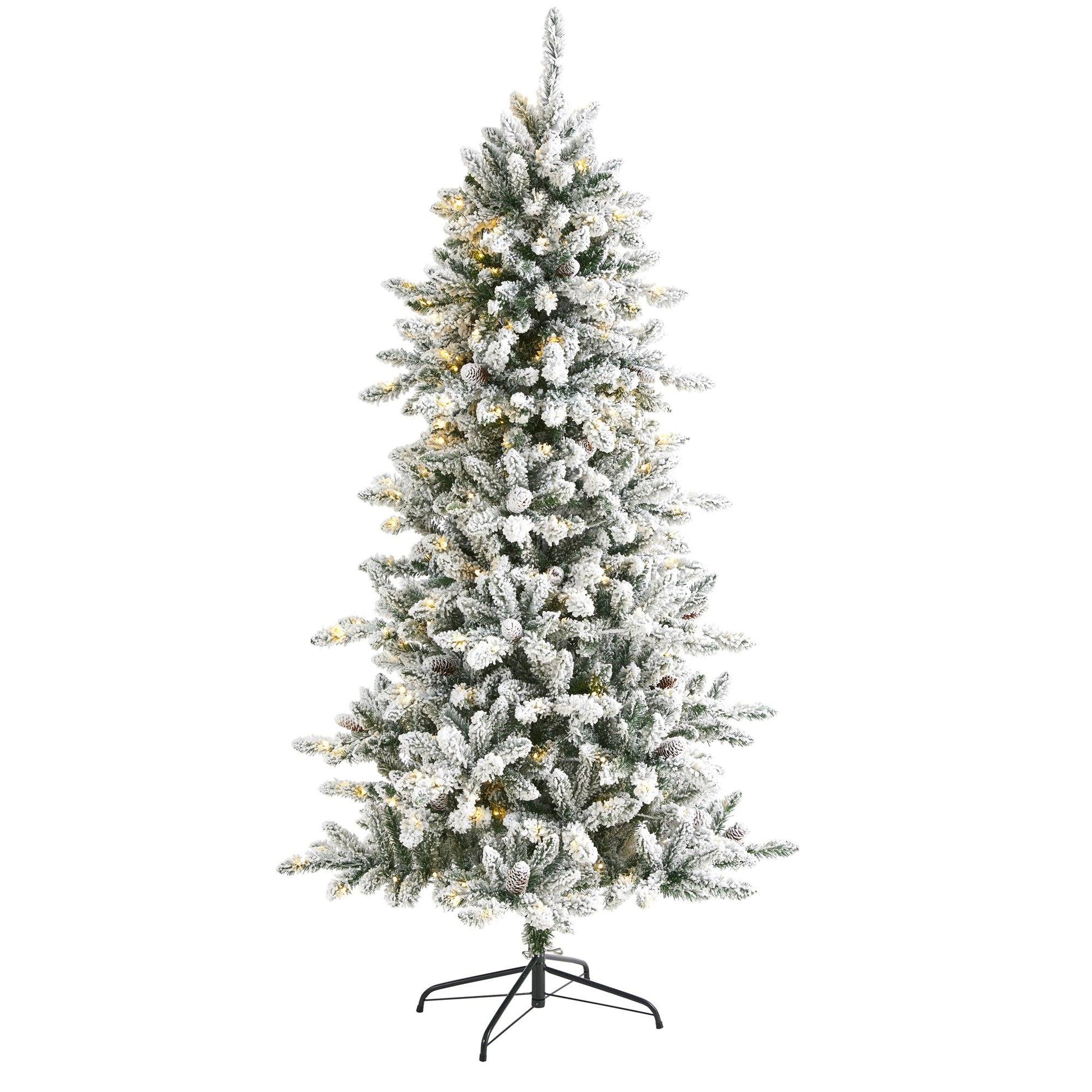 Christmas Tree Nearly Natural 6.5’ Flocked Livingston Fir with pine cones and 300 clear warm LED lights on Tampa Home & Garden Store