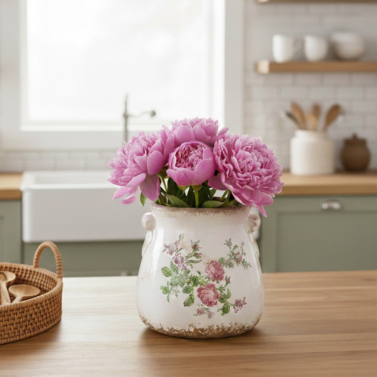 Planter Nearly Natural 6.5-inch Floral Print Tuscan ceramic scroll with pink peonies on Tampa Home & Garden Store