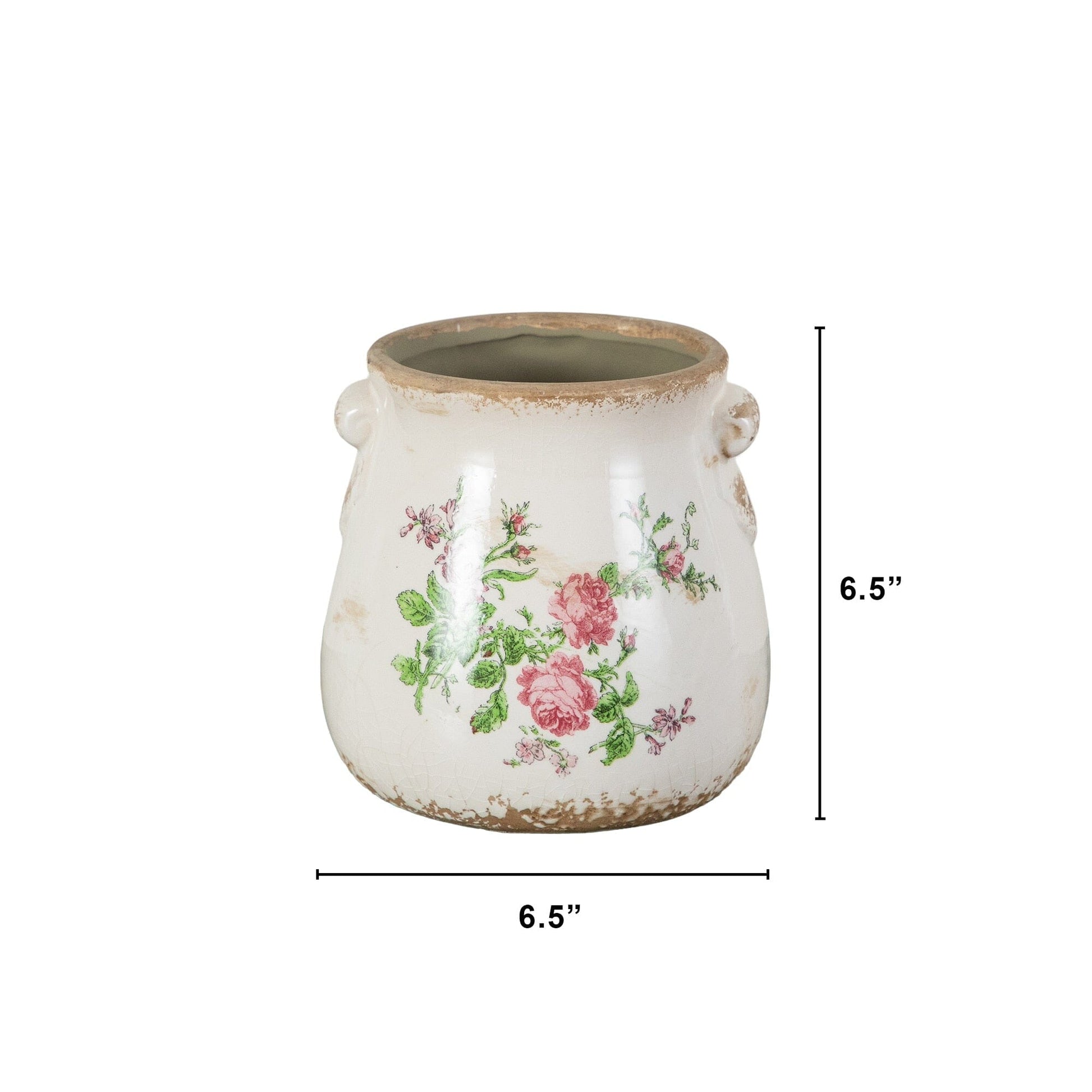 6.5" Floral Print Tuscan Ceramic Scroll Planter white with pink roses Nearly Natural on Tampa Home & Garden Store