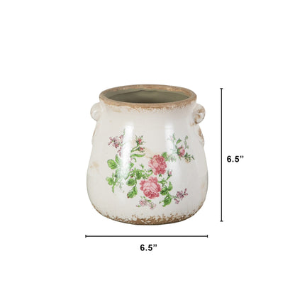 6.5" Floral Print Tuscan Ceramic Scroll Planter white with pink roses Nearly Natural on Tampa Home & Garden Store