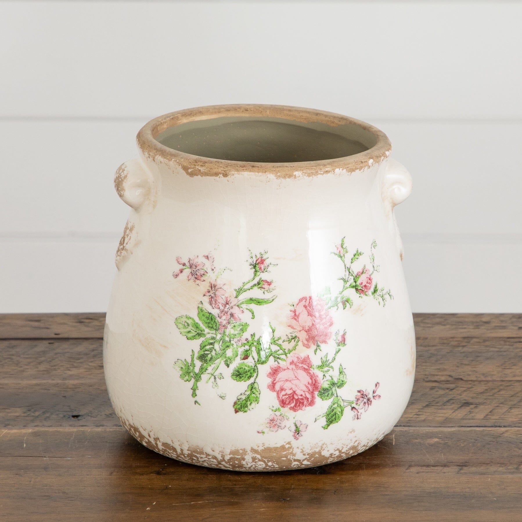 Planter 6.5” floral Tuscan ceramic with scroll handles pink roses on white glaze on Tampa Home & Garden Store