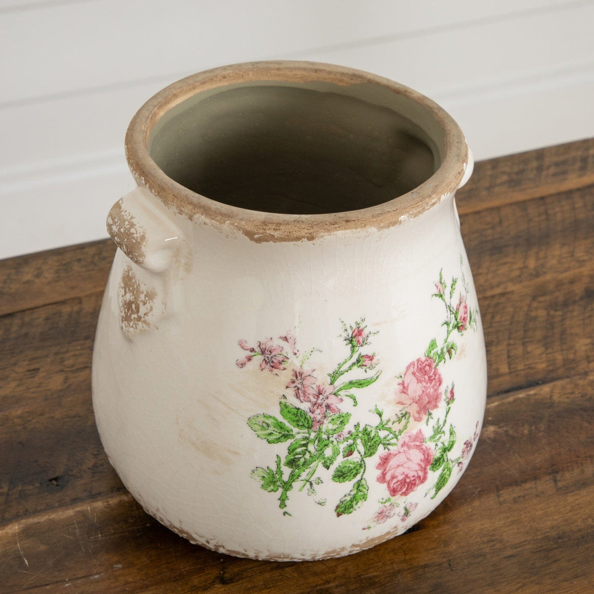 6.5in floral print Tuscan ceramic planter with scroll handles and distressed rim on Tampa Home & Garden Store