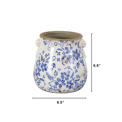 Planter 6.5in ceramic blue and white floral Tuscan scroll design with terra cotta rim on Tampa Home & Garden Store