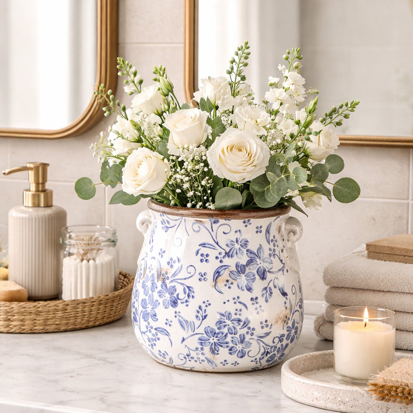 6.5 in Floral Tuscan Ceramic Blue Scroll Planter with white rose bouquet and greenery on Tampa Home & Garden Store