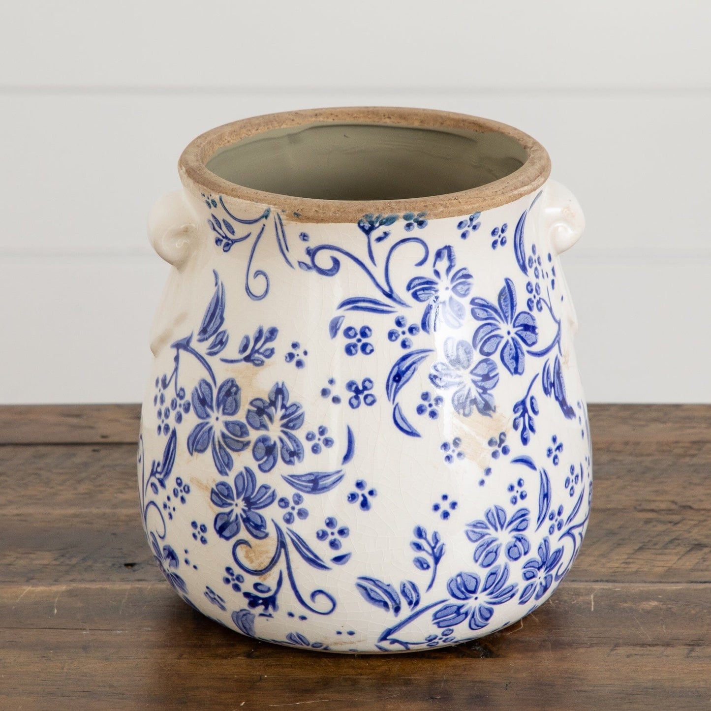 6.5 in Floral Tuscan Ceramic Blue Scroll Planter with blue floral motif on ceramic rim on Tampa Home & Garden Store