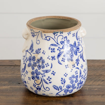 6.5 in Floral Tuscan Ceramic Blue Scroll Planter with blue floral motif on ceramic rim on Tampa Home & Garden Store