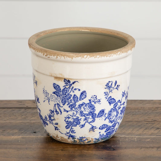 6.5-inch Floral Tuscan ceramic blue scroll planter vase with distressed rim on white ceramic on Tampa Home & Garden Store