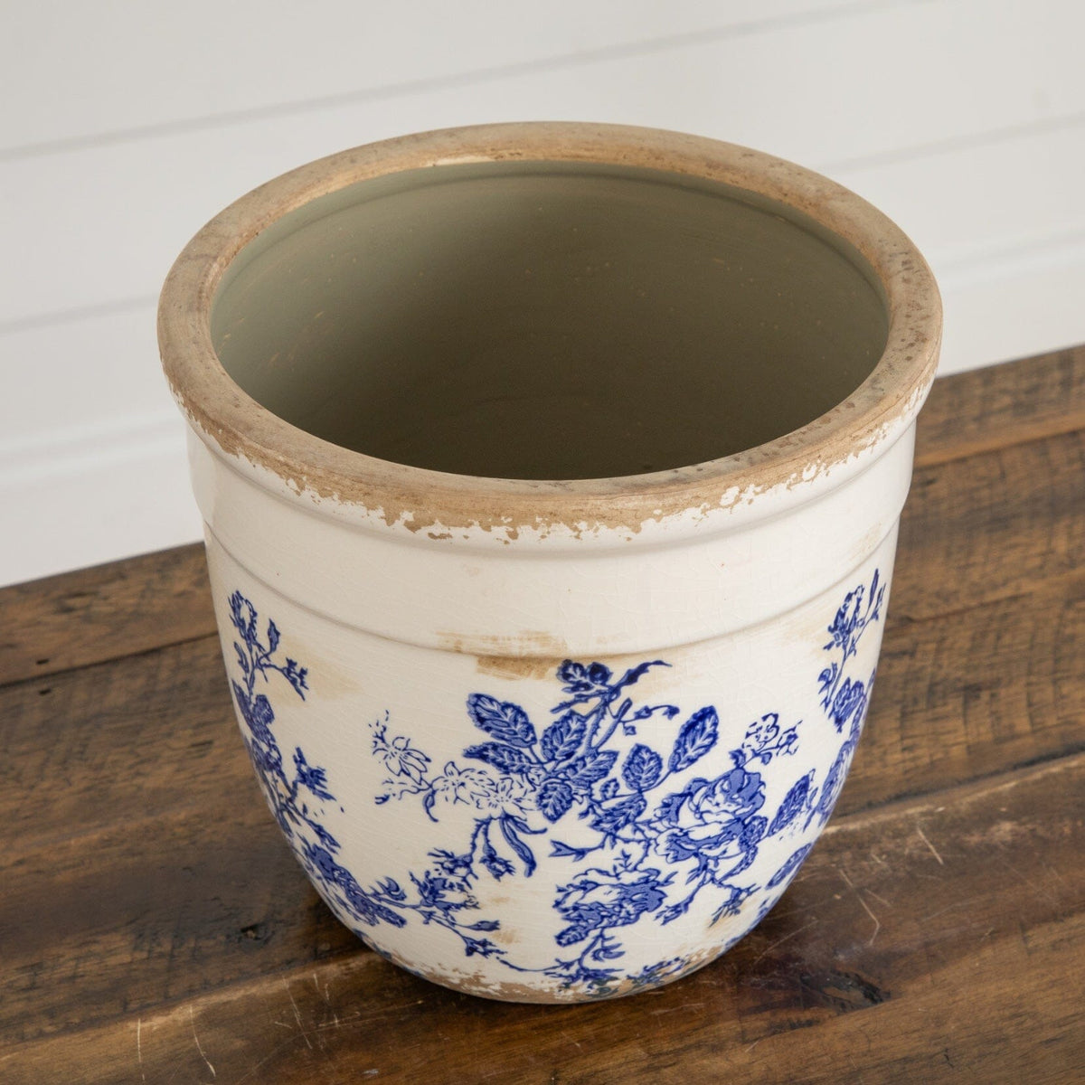 6.5-inch Floral Tuscan ceramic blue-scroll planter vase with blue floral motif and distressed rim on Tampa Home & Garden Store