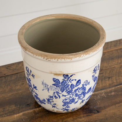 6.5-inch Floral Tuscan ceramic blue-scroll planter vase with blue floral motif and distressed rim on Tampa Home & Garden Store