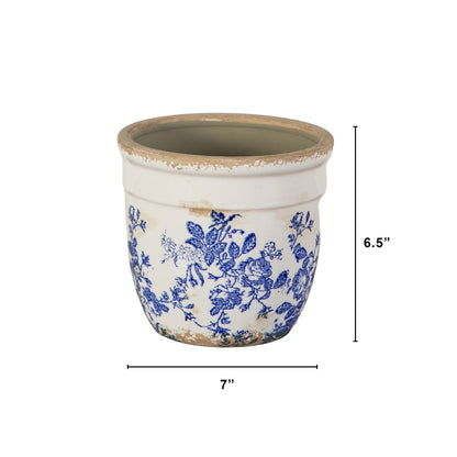 Planter vase ceramic 6.5-inch blue Tuscan floral scroll motif Nearly Natural on Tampa Home & Garden Store