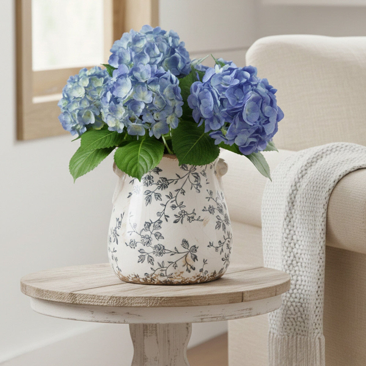 6.5” Floral Tuscan Ceramic Gray Scroll Planter vase with blue hydrangea bouquet Nearly Natural on Tampa Home & Garden Store
