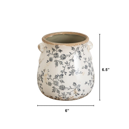 Vase: 6.5” Floral Tuscan Ceramic Gray Scroll Planter with blue botanical pattern on white ceramic on Tampa Home & Garden Store