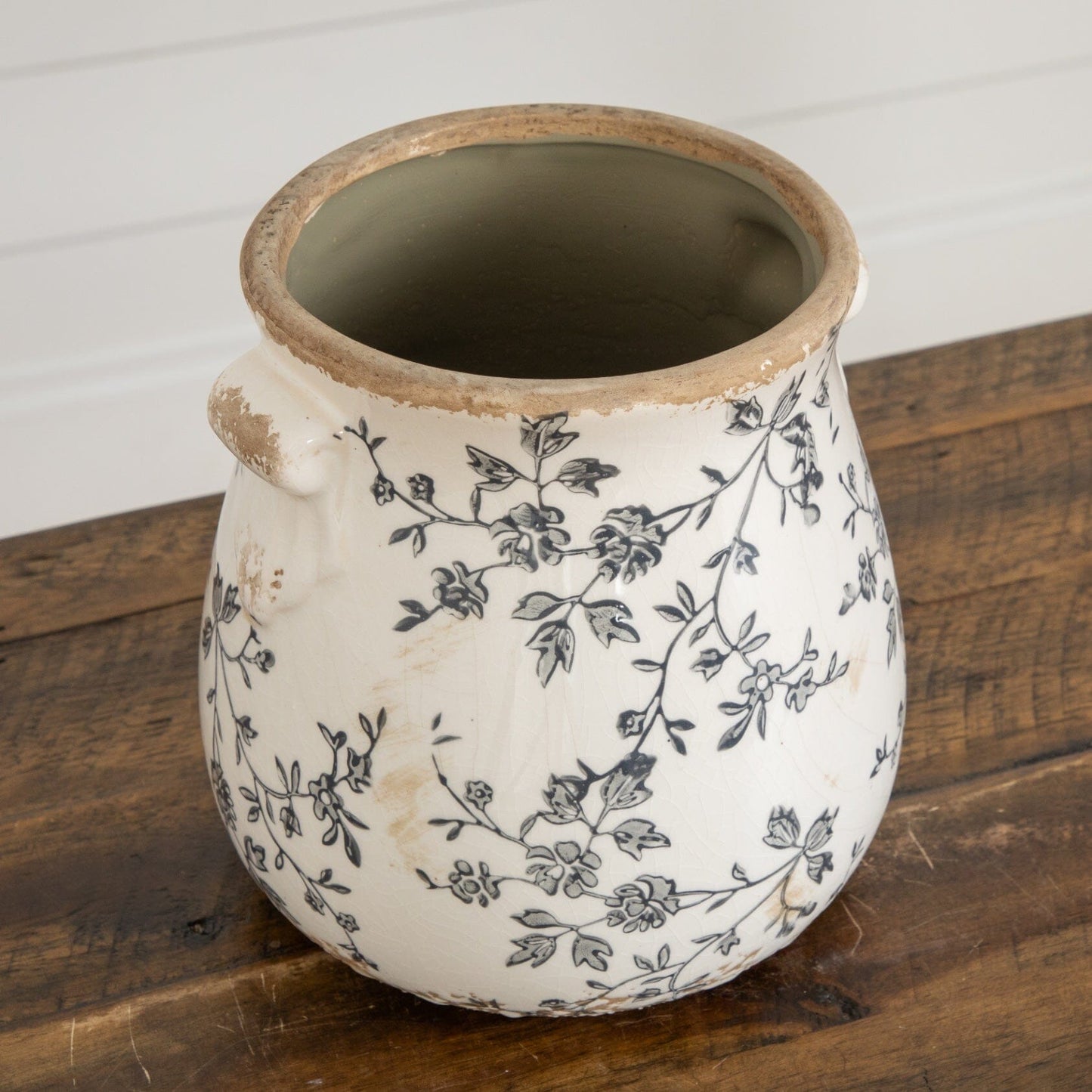 Vase 6.5in Floral Tuscan ceramic gray scroll planter with white crackle glaze and blue vines on Tampa Home & Garden Store